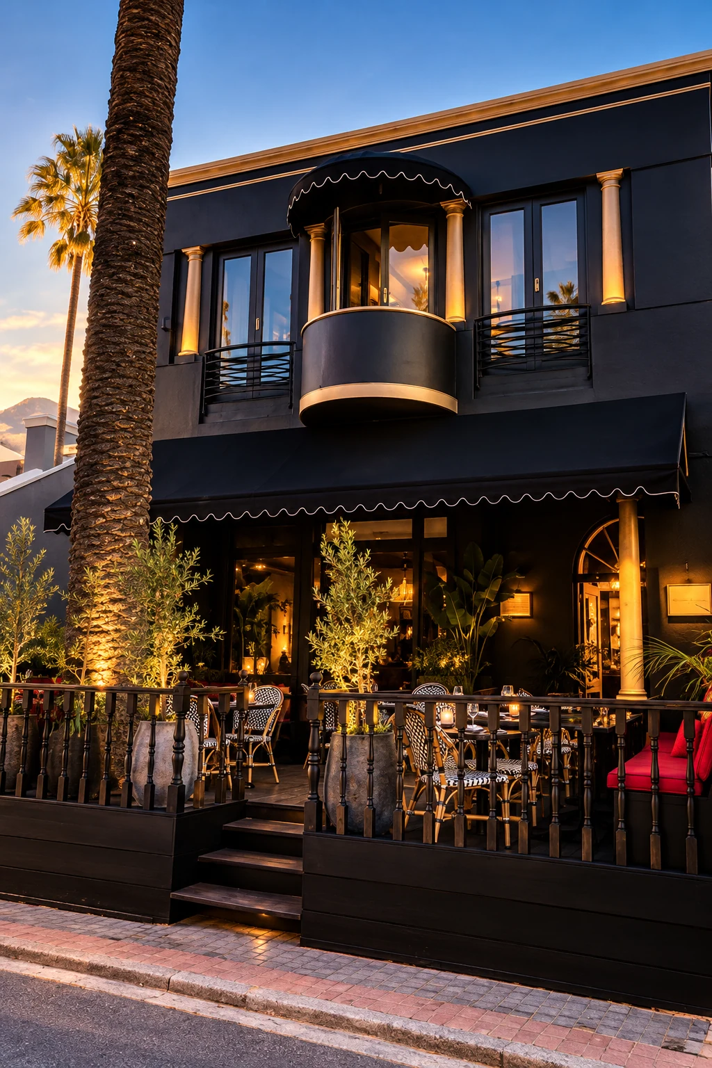 Hotel du Parc at dusk with a black-and-gold facade, palm tree, and warmly lit terrace