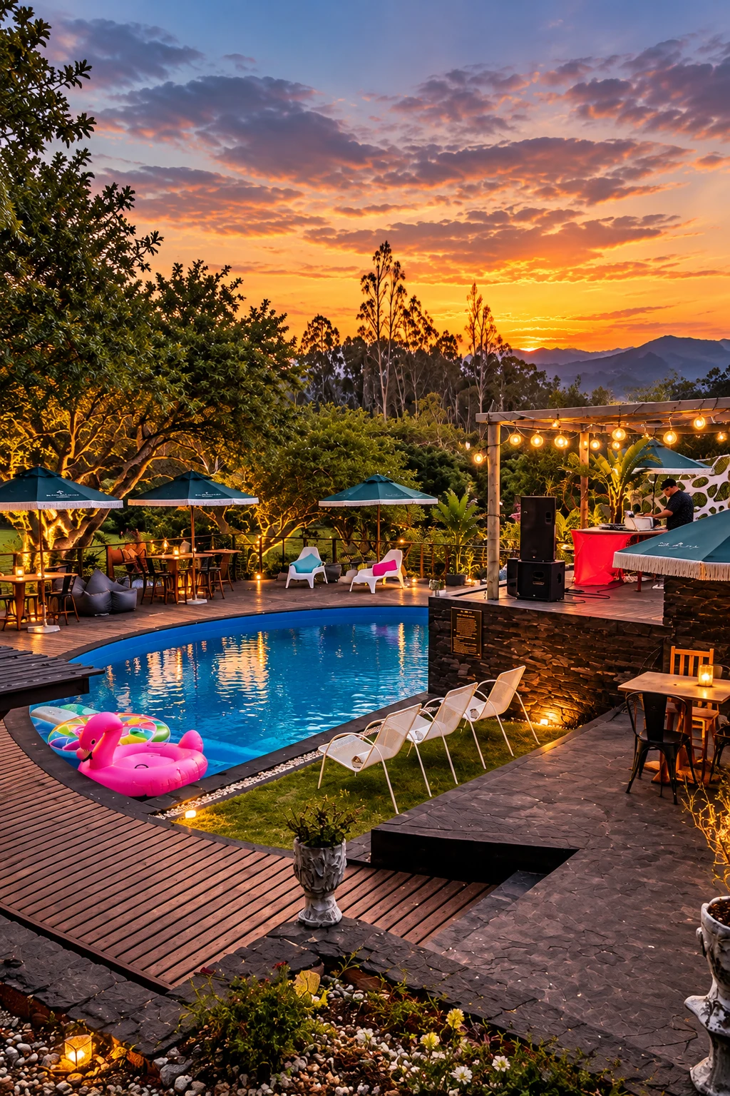 Le Rêve poolside retreat at sunset with outdoor seating and glowing string lights