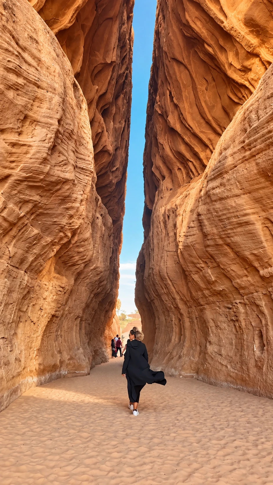 A traveler walking between towering sandstone canyon walls